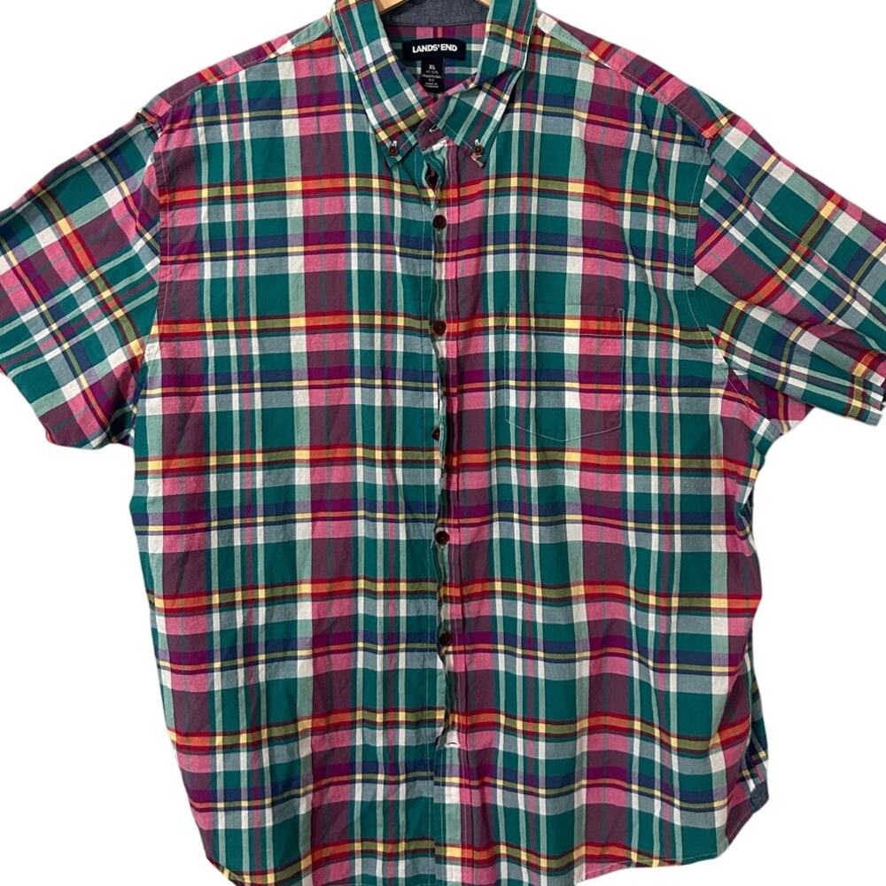 Lands’ End Madras Plaid Short Sleeve Button Shirt XL 17-17.5 100 Cotton Classic
